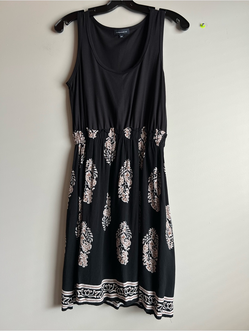 Warehouse One Black Boho Floral Border Print Mini Dress Womenโs Medium Tank
